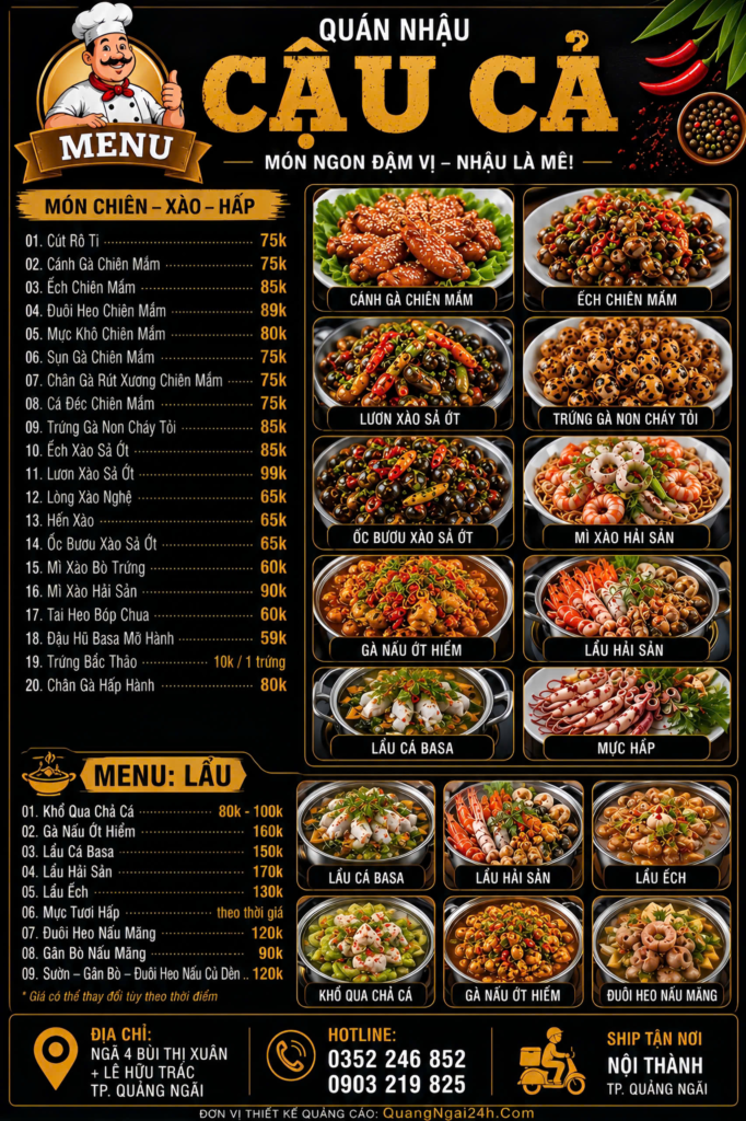 menu quán nhậu cậu cả quảng ngãi